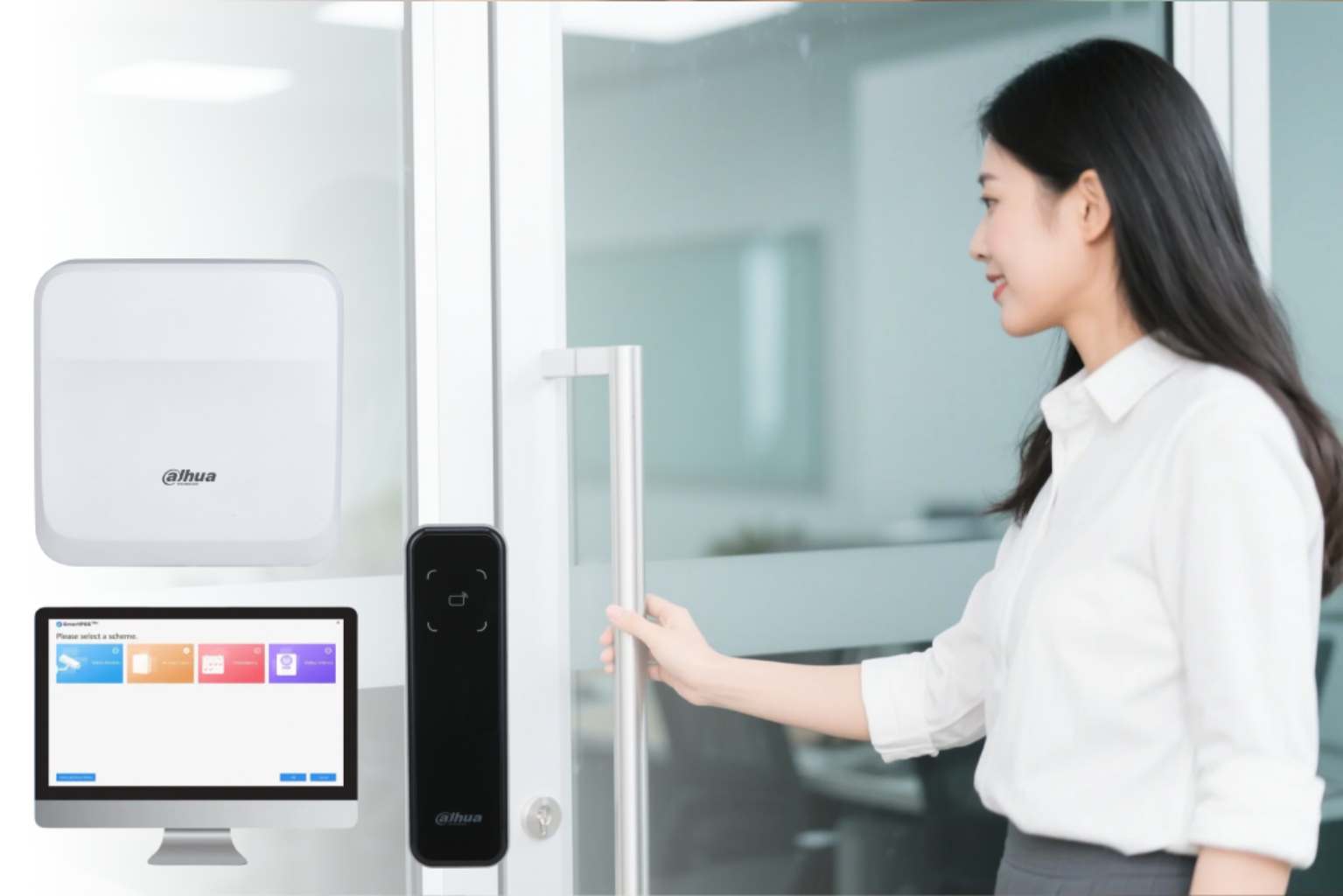 Woman accessing office with Dahua smart access control system, including reader, control panel, and management software interface